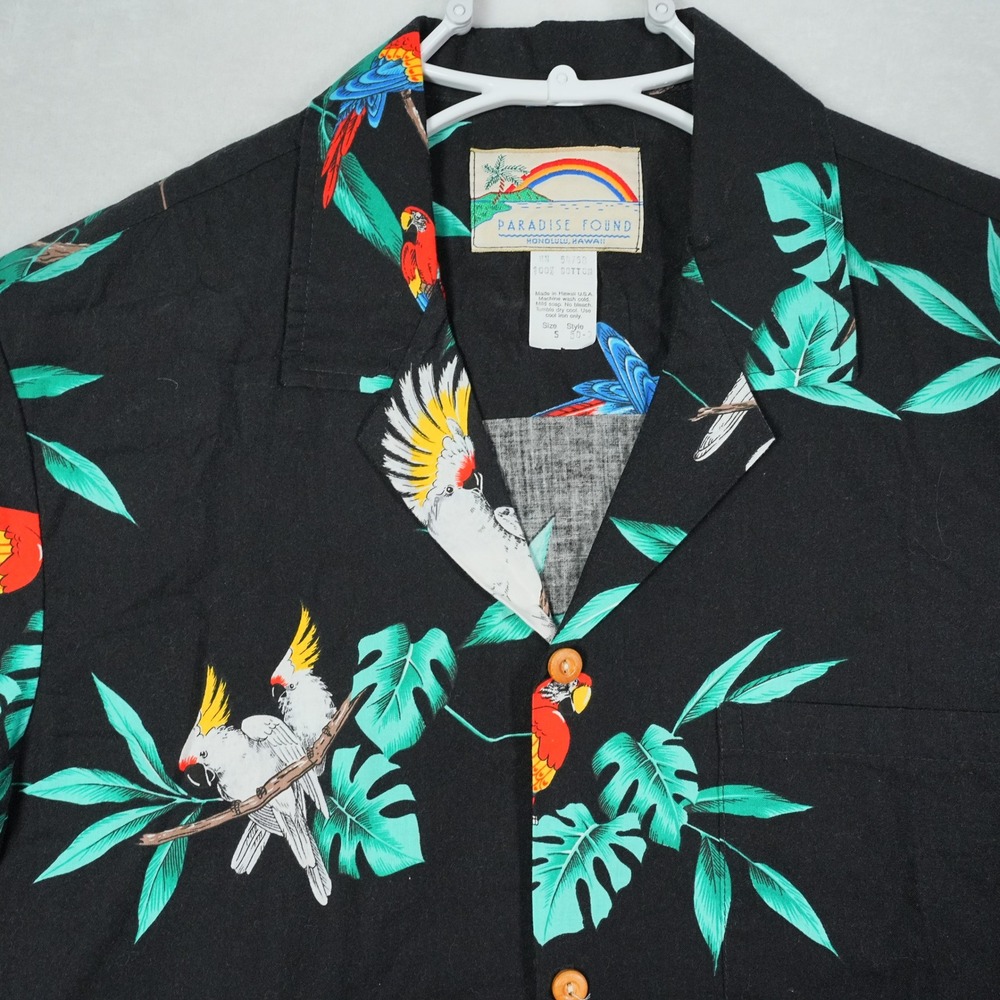 Paradise Found Mens Black Tropical Bird Parrot Hawaiian Cotton Shirt Small USA